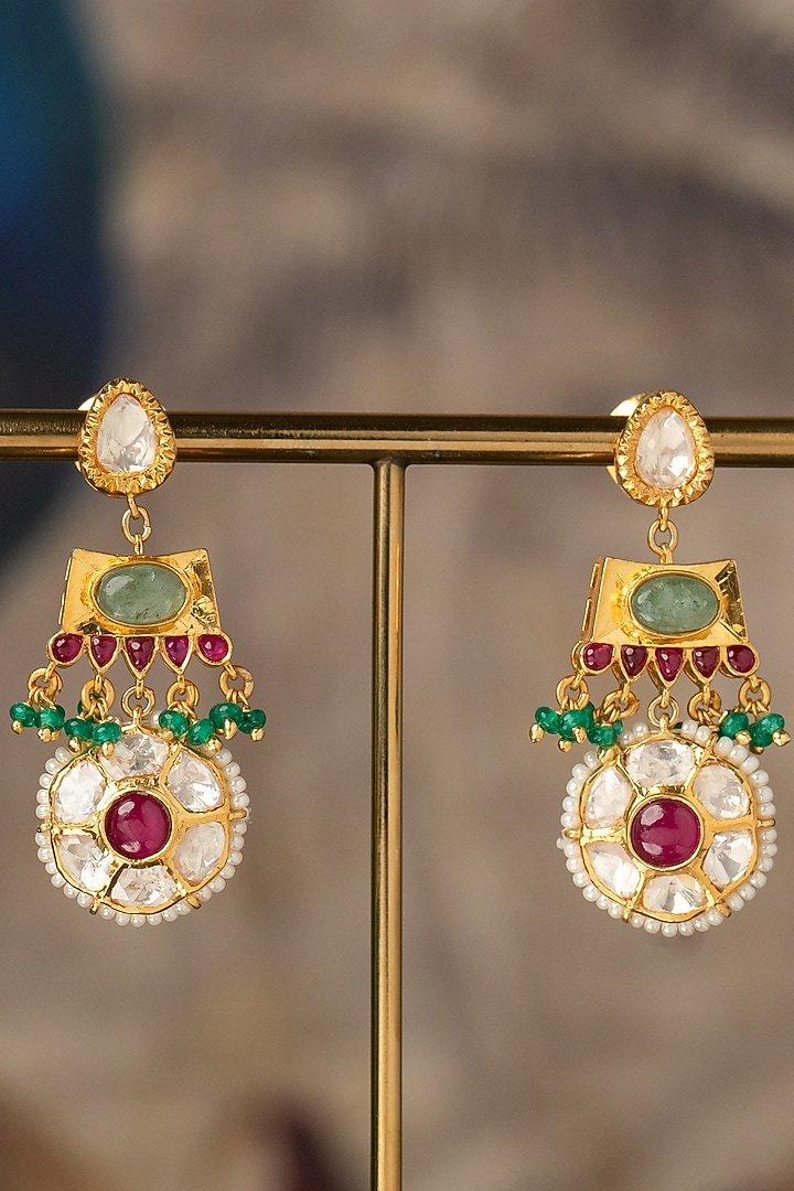 Gold Plated Red Kundan Polki Dangler Earrings In Sterling Silver by Varq Jewels at Pernia's Pop Up Shop