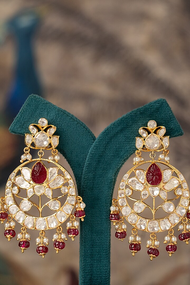 Gold Plated Red Kundan Polki Chandbali Earrings In Sterling Silver by Varq Jewels at Pernia's Pop Up Shop