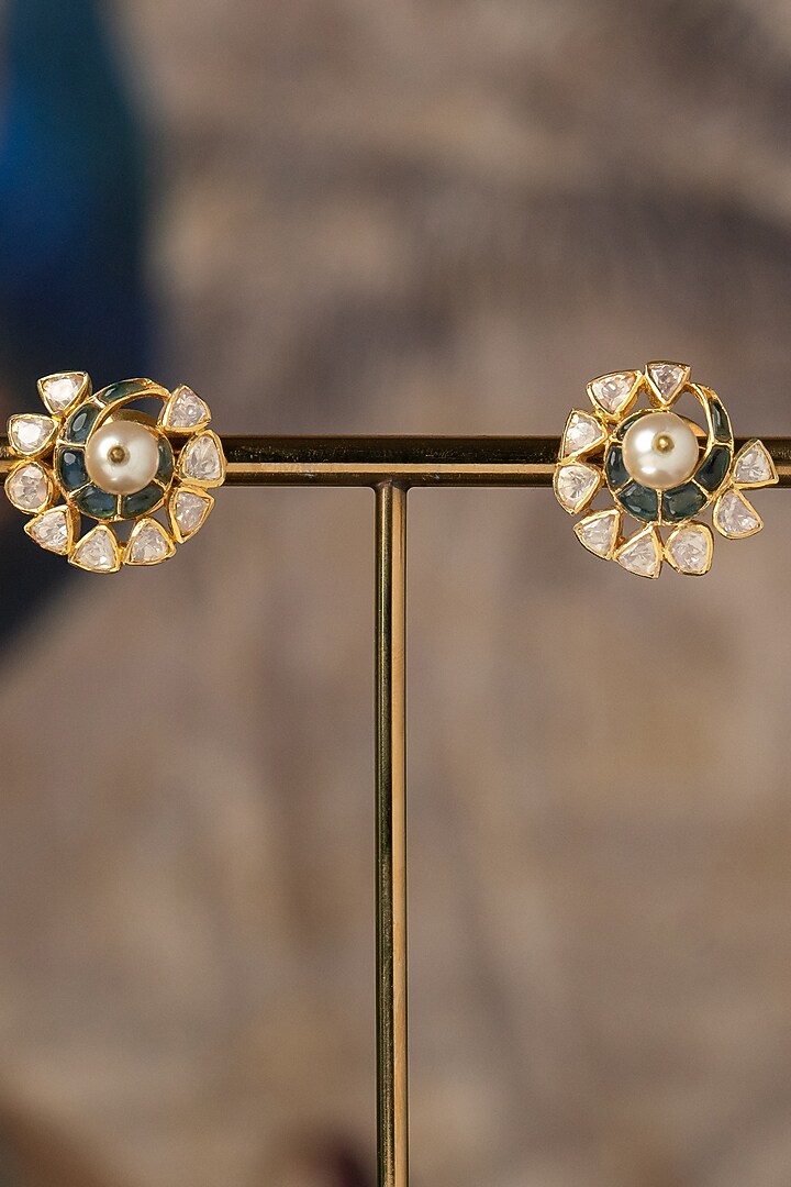 Gold Plated White Kundan Polki Stud Earrings In Sterling Silver by Varq Jewels at Pernia's Pop Up Shop