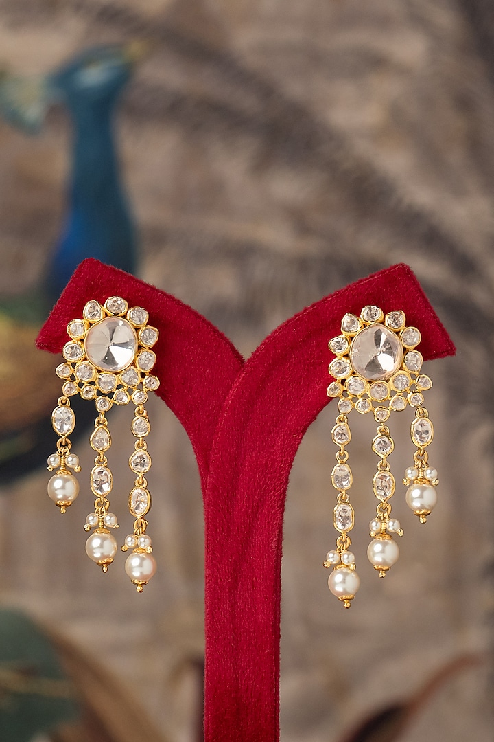 Gold Plated White Kundan Polki Dangler Earrings In Sterling Silver by Varq Jewels at Pernia's Pop Up Shop