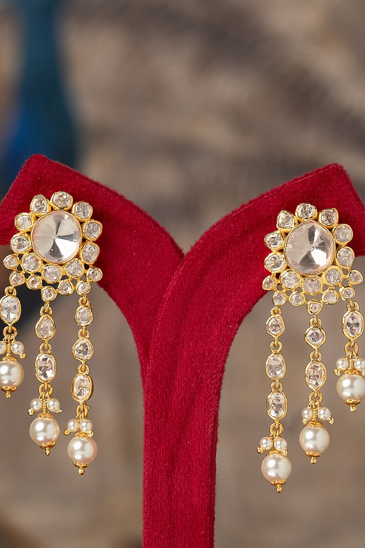 Gold Plated White Kundan Polki Dangler Earrings In Sterling Silver by Varq Jewels at Pernia's Pop Up Shop