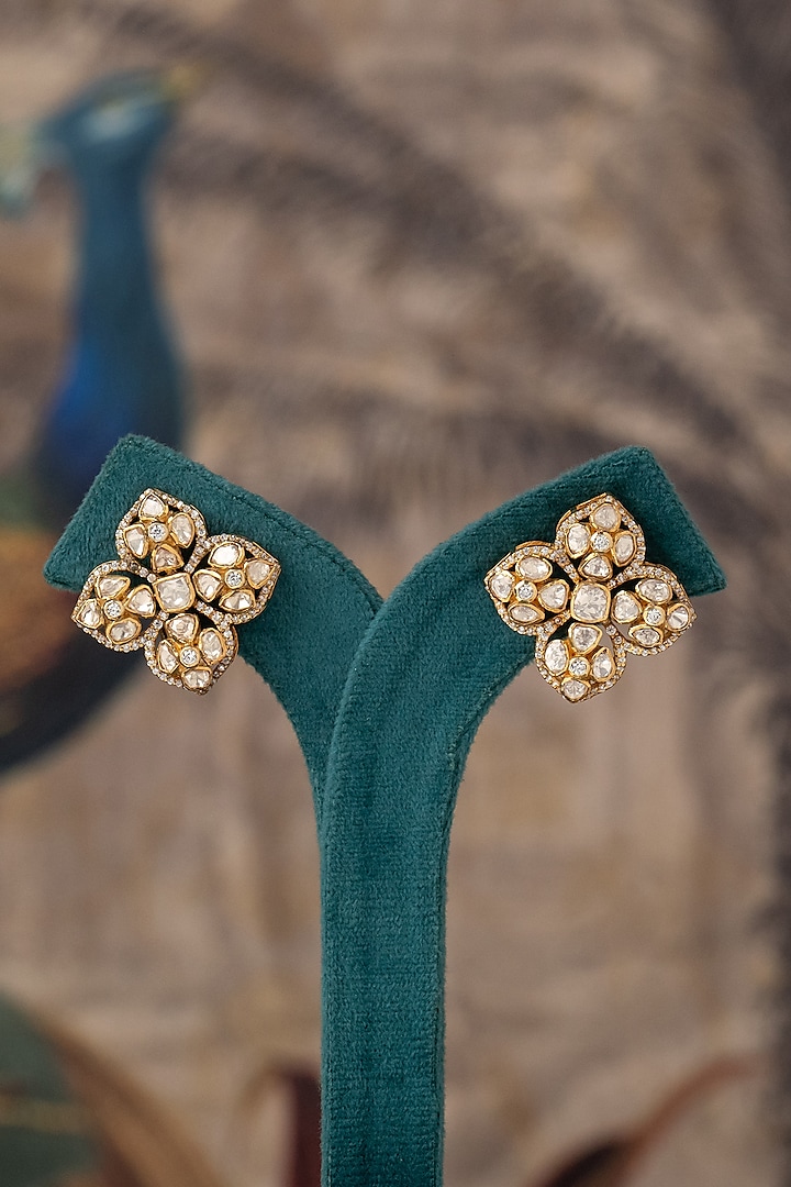 Gold Plated White Kundan Polki Stud Earrings In Sterling Silver by Varq Jewels at Pernia's Pop Up Shop