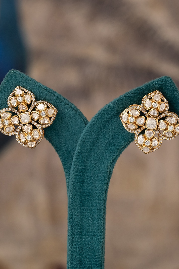 Gold Plated White Kundan Polki Stud Earrings In Sterling Silver by Varq Jewels at Pernia's Pop Up Shop