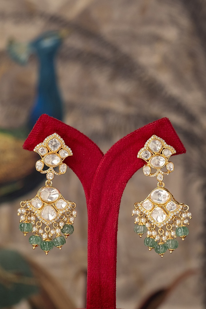 Gold Plated White Kundan Polki Dangler Earrings In Sterling Silver by Varq Jewels at Pernia's Pop Up Shop