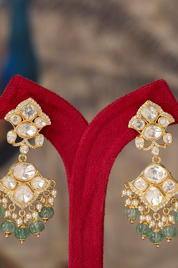 Gold Plated White Kundan Polki Dangler Earrings In Sterling Silver by Varq Jewels at Pernia's Pop Up Shop
