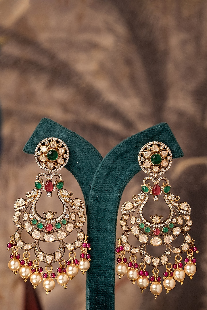 Gold Plated Kundan Polki Chandbali Earrings In Sterling Silver by Varq Jewels at Pernia's Pop Up Shop