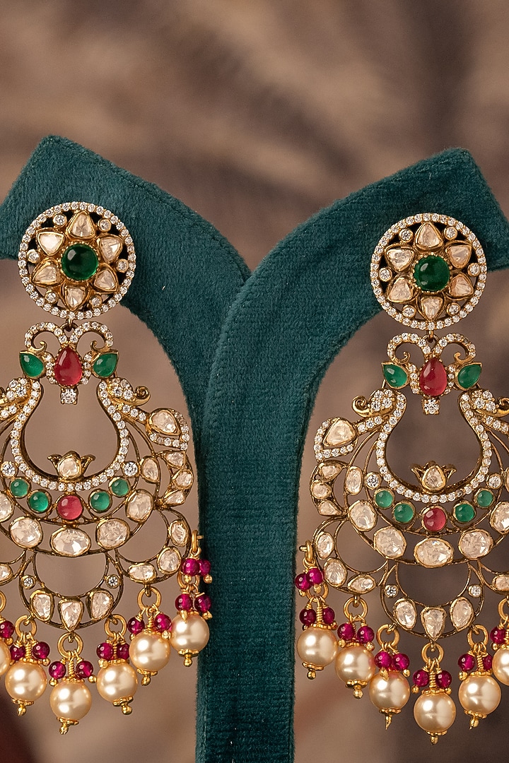 Gold Plated Kundan Polki Chandbali Earrings In Sterling Silver by Varq Jewels at Pernia's Pop Up Shop