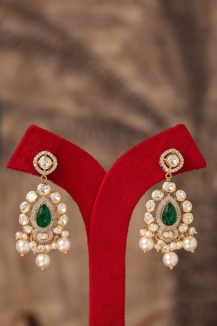 Gold Plated Kundan Polki Dangler Earrings In Sterling Silver by Varq Jewels at Pernia's Pop Up Shop