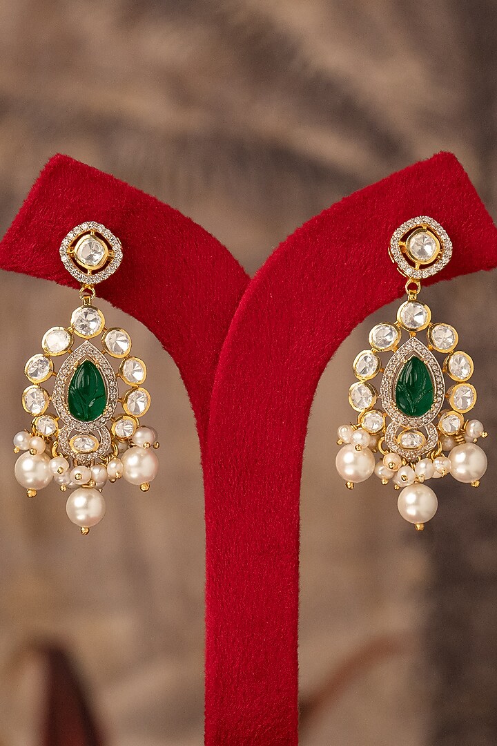 Gold Plated Kundan Polki Dangler Earrings In Sterling Silver by Varq Jewels at Pernia's Pop Up Shop
