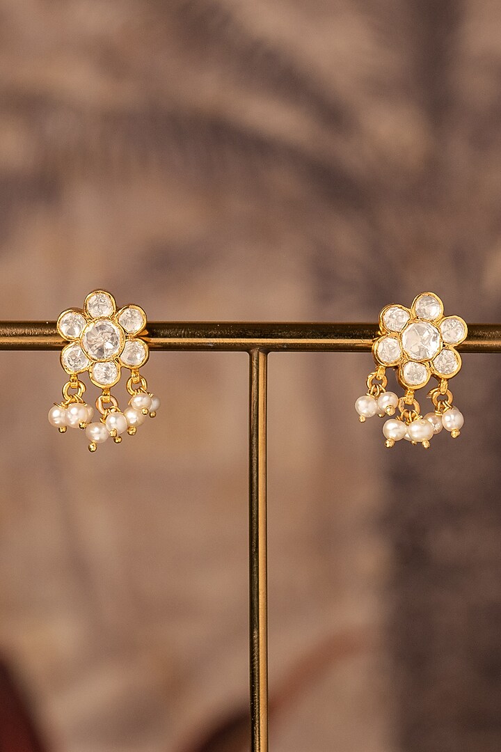 Gold Plated Kundan Polki Dangler Earrings In Sterling Silver by Varq Jewels at Pernia's Pop Up Shop