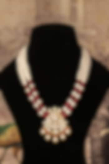 Gold Finish Kundan Polki & Beaded Long Necklace In Sterling Silver by Varq Jewels at Pernia's Pop Up Shop