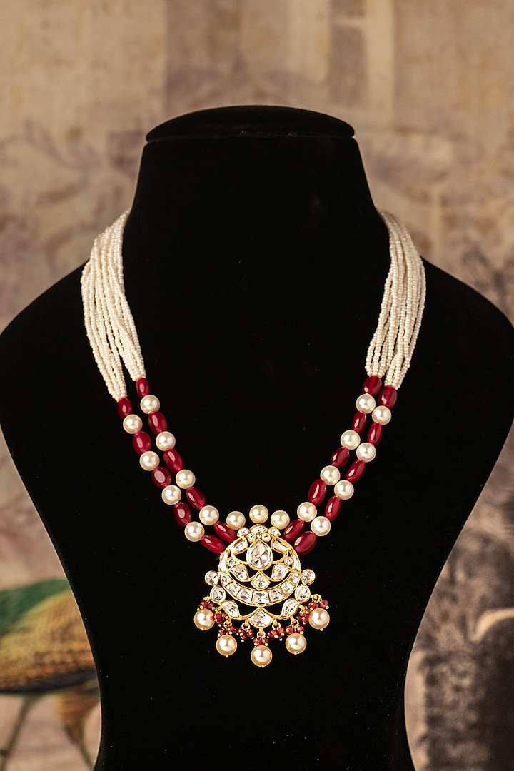 Gold Finish Kundan Polki & Beaded Long Necklace In Sterling Silver by Varq Jewels at Pernia's Pop Up Shop