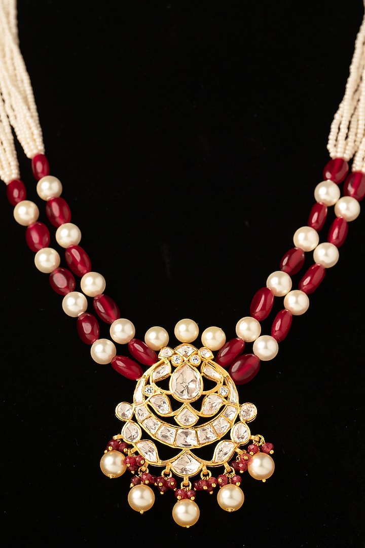 Gold Finish Kundan Polki & Beaded Long Necklace In Sterling Silver by Varq Jewels at Pernia's Pop Up Shop