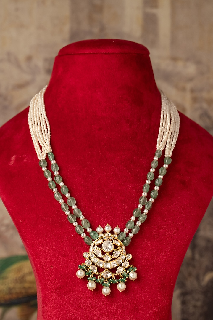 Gold Finish Kundan Polki & Beaded Long Necklace In Sterling Silver by Varq Jewels at Pernia's Pop Up Shop