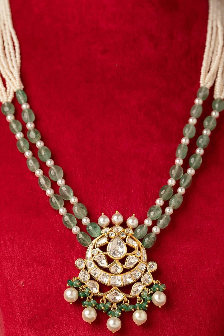 Gold Finish Kundan Polki & Beaded Long Necklace In Sterling Silver by Varq Jewels at Pernia's Pop Up Shop