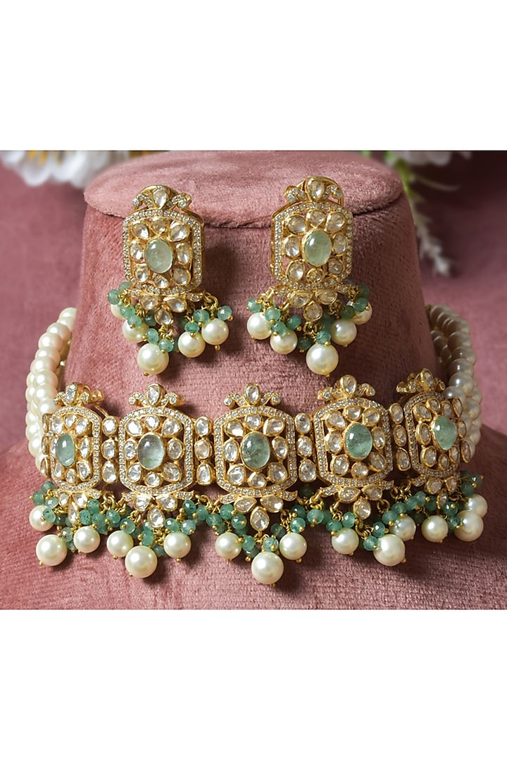 Gold Plated Green Kundan Polki Necklace Set In Sterling Silver by Varq Jewels at Pernia's Pop Up Shop