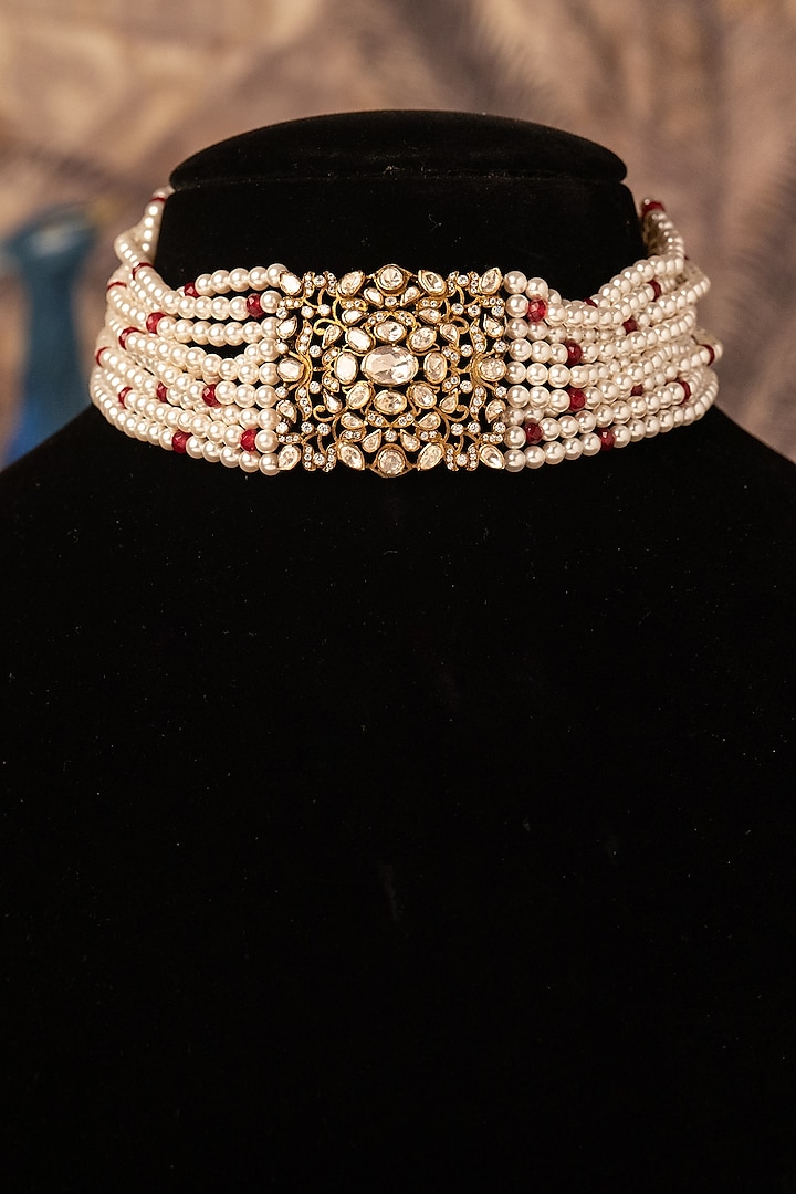 Gold Plated White Kundan Polki Choker Necklace In Sterling Silver by Varq Jewels at Pernia's Pop Up Shop