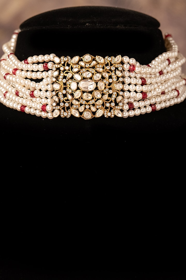 Gold Plated White Kundan Polki Choker Necklace In Sterling Silver by Varq Jewels at Pernia's Pop Up Shop