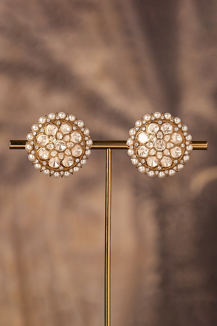 Gold Plated White Kundan Polki Stud Earrings In Sterling Silver by Varq Jewels at Pernia's Pop Up Shop