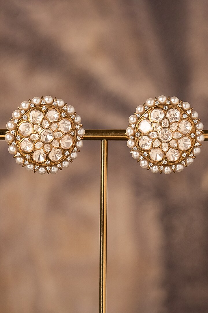 Gold Plated White Kundan Polki Stud Earrings In Sterling Silver by Varq Jewels at Pernia's Pop Up Shop
