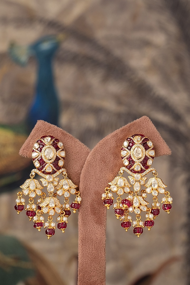 Gold Plated Red Kundan Polki Dangler Earrings In Sterling Silver by Varq Jewels at Pernia's Pop Up Shop