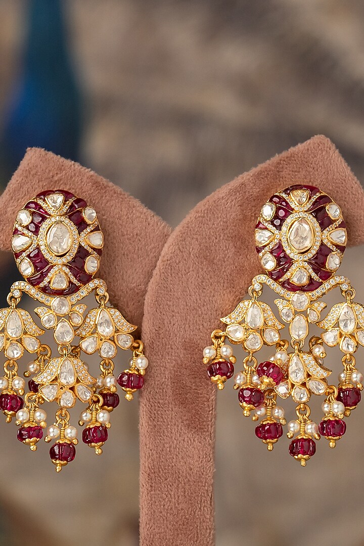 Gold Plated Red Kundan Polki Dangler Earrings In Sterling Silver by Varq Jewels at Pernia's Pop Up Shop