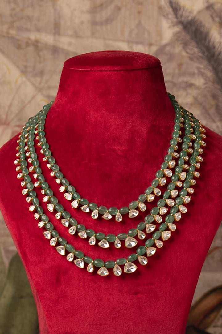 Gold Plated Green Kundan Polki Layered Necklace In Sterling Silver by Varq Jewels at Pernia's Pop Up Shop