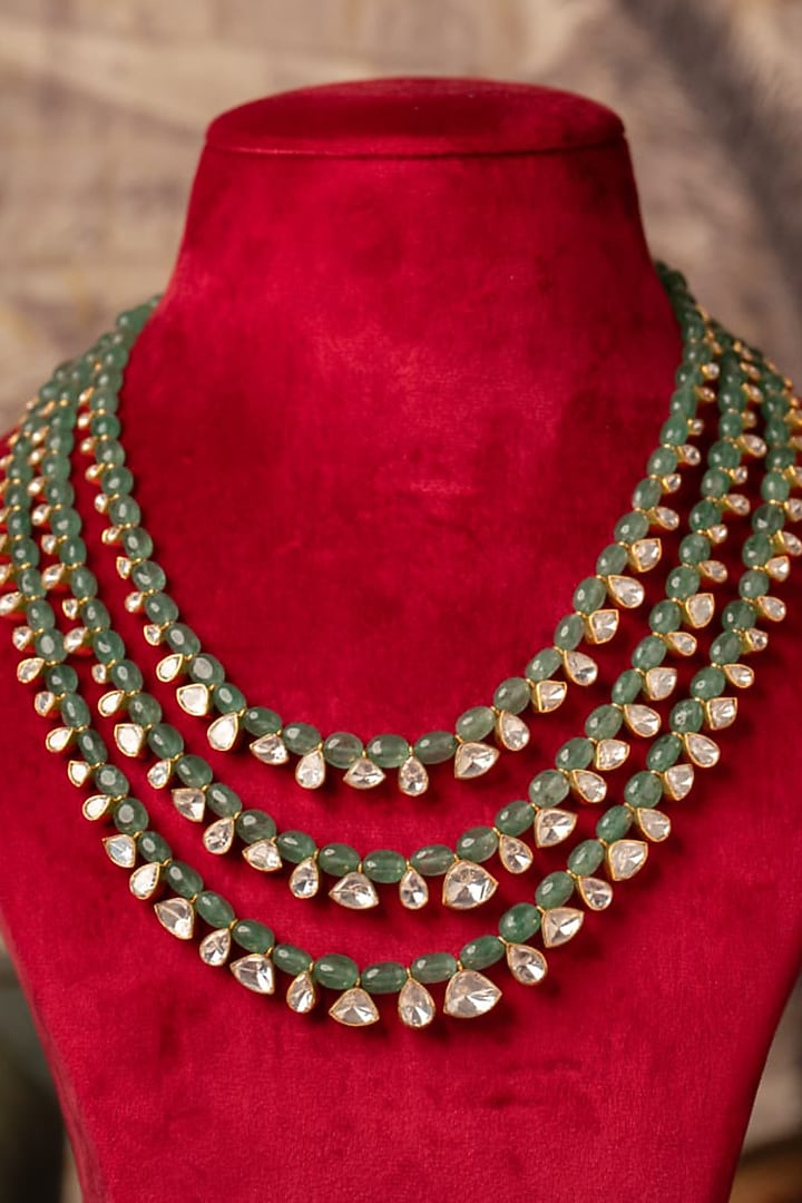 Gold Plated Green Kundan Polki Layered Necklace In Sterling Silver by Varq Jewels at Pernia's Pop Up Shop