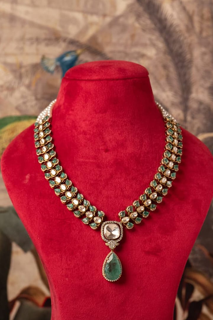 Gold Plated Green Kundan Polki Necklace In Sterling Silver by Varq Jewels at Pernia's Pop Up Shop