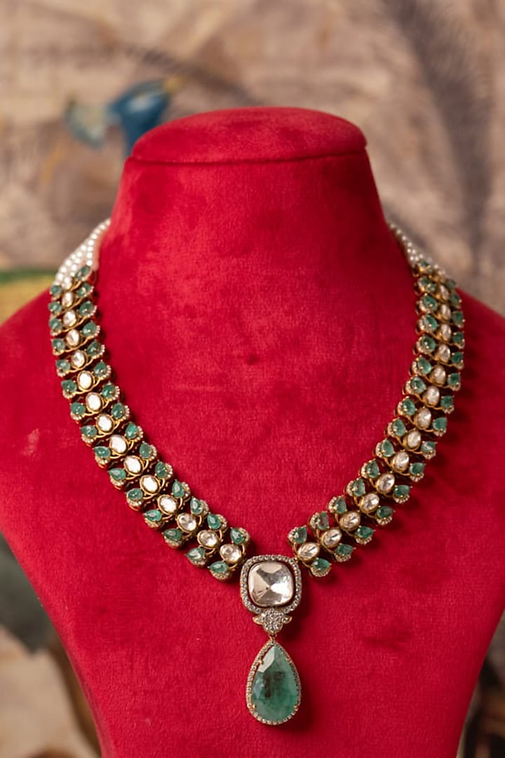 Gold Plated Green Kundan Polki Necklace In Sterling Silver by Varq Jewels at Pernia's Pop Up Shop
