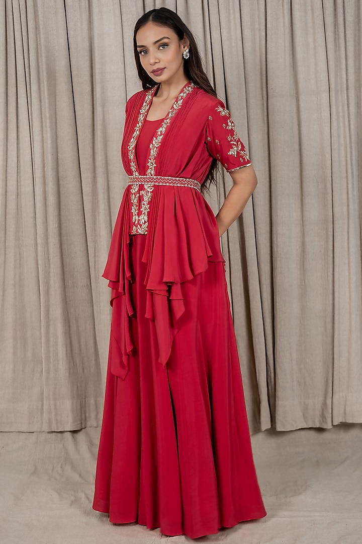 Berry Red Embroidered Draped Jacket Set by Varsana Boutique