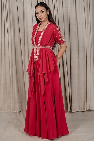 Berry Red Embroidered Draped Jacket Set by Varsana Boutique