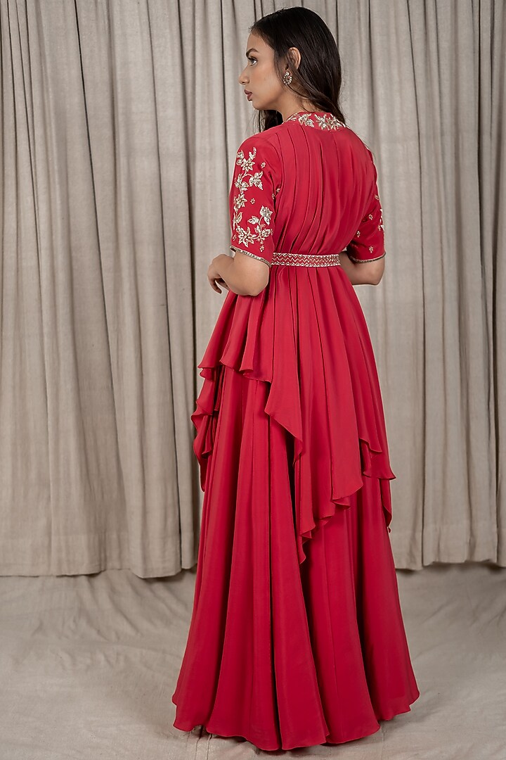 Berry Red Embroidered Draped Jacket Set by Varsana Boutique at Pernia's Pop Up Shop