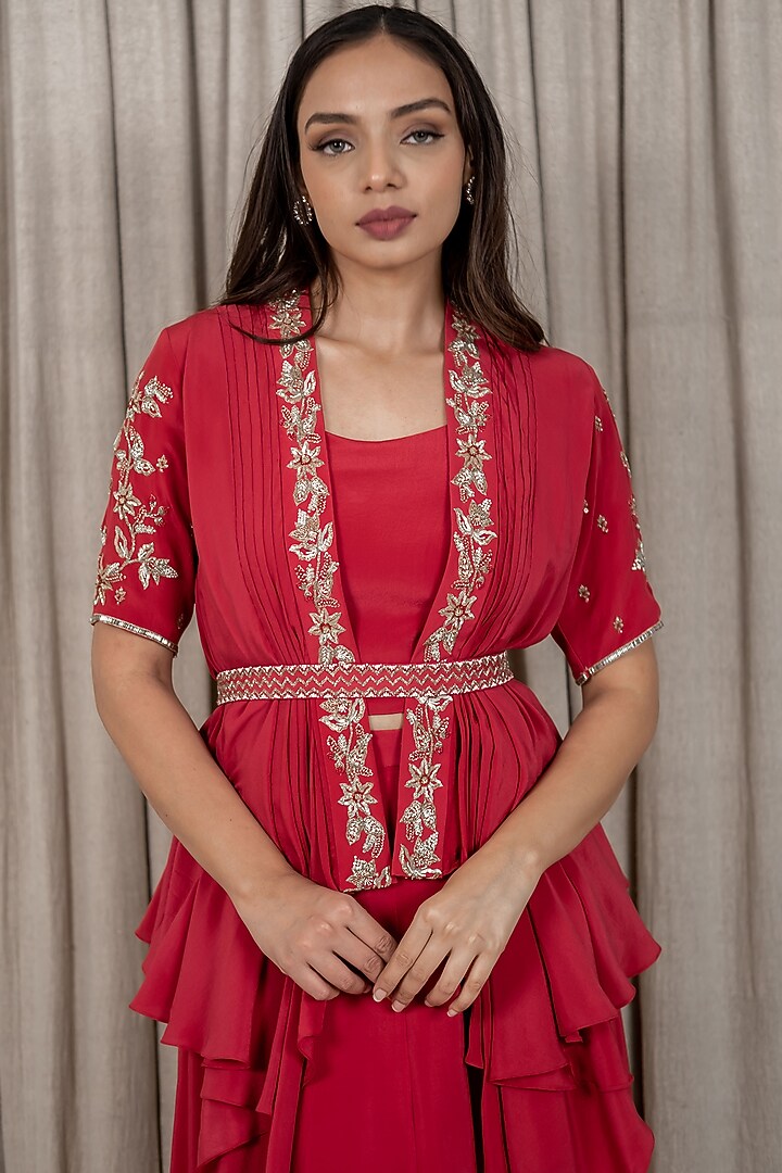 Berry Red Embroidered Draped Jacket Set by Varsana Boutique at Pernia's Pop Up Shop