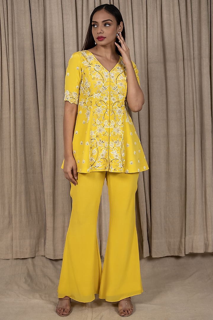 Yellow Pure Crepe Silk Pant Set by Varsana Boutique