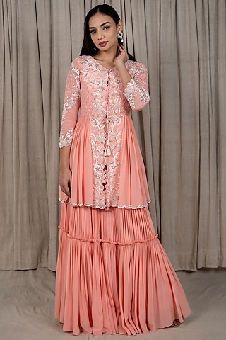 Peach Embroidered Peplum Jacket Set by Varsana Boutique