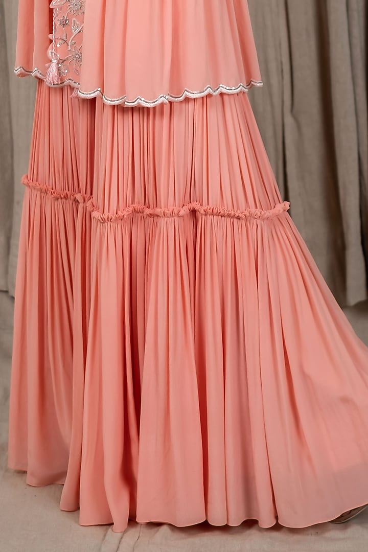 Peach Embroidered Peplum Jacket Set by Varsana Boutique at Pernia's Pop Up Shop