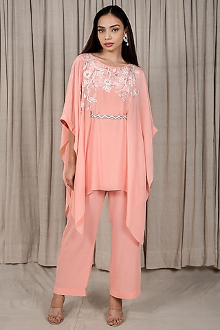 Peach Embroidered Kaftan Set by Varsana Boutique