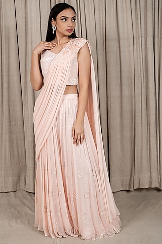 Pastel Peach Embroidered Pant Saree Set by Varsana Boutique