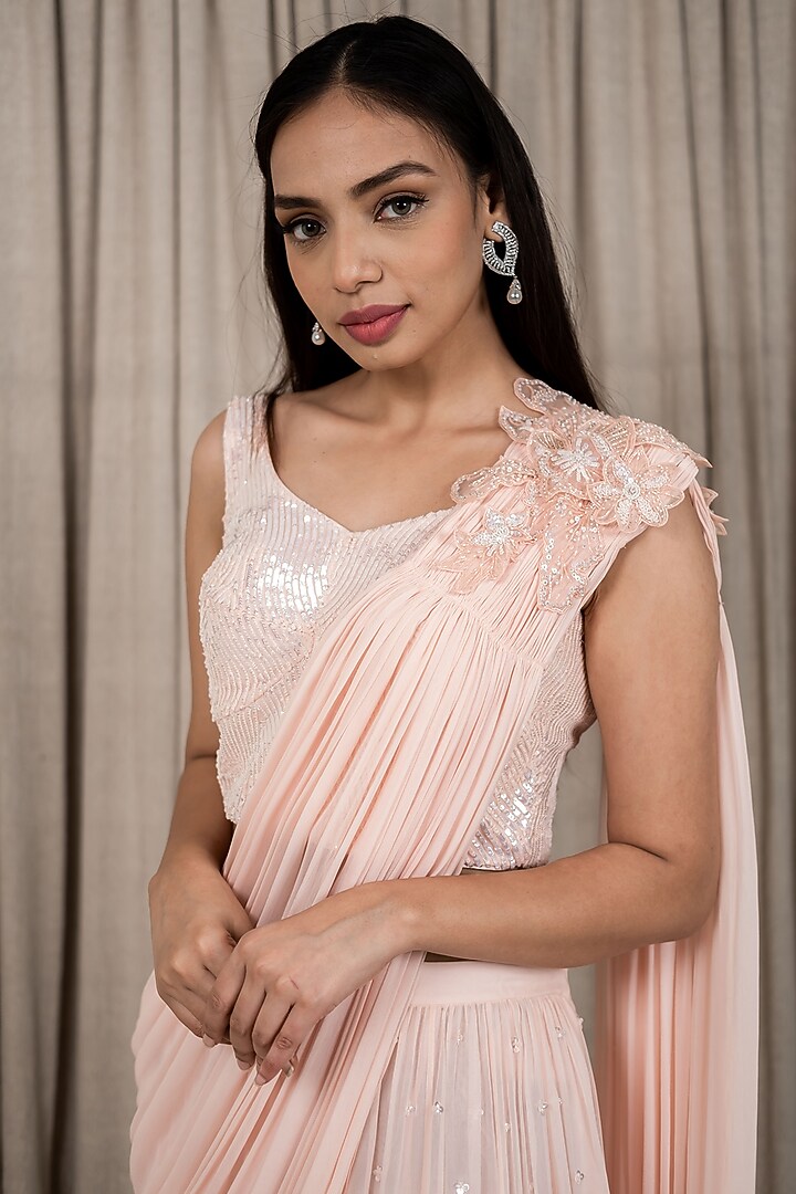 Pastel Peach Embroidered Pant Reception Saree Set by Varsana Boutique at Pernia's Pop Up Shop