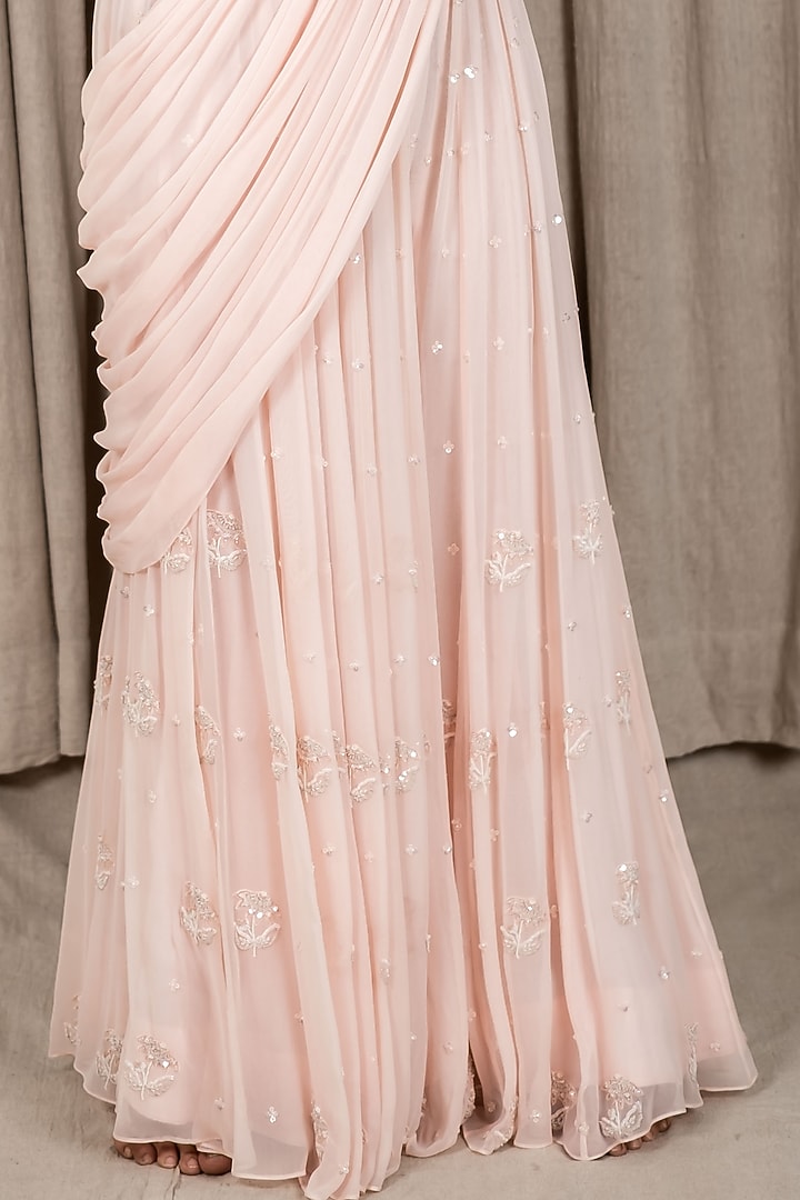 Pastel Peach Embroidered Pant Reception Saree Set by Varsana Boutique at Pernia's Pop Up Shop