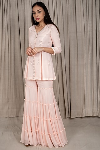 Pastel Peach Tiered Sharara Set by Varsana Boutique