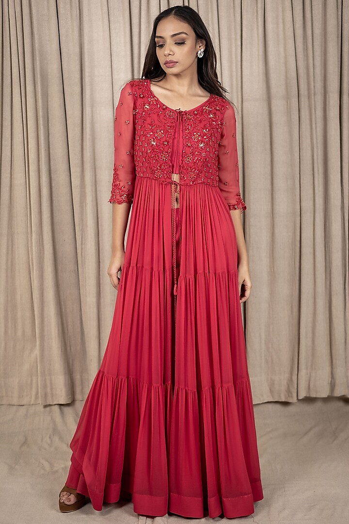 Berry Red Embroidered Jacket Anarkali Set by Varsana Boutique