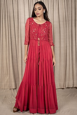 Berry Red Embroidered Jacket Anarkali Set by Varsana Boutique