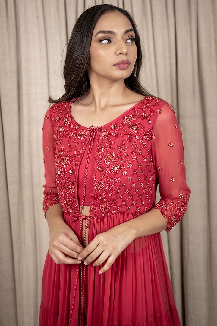Berry Red Embroidered Jacket Wedding Anarkali Set by Varsana Boutique at Pernia's Pop Up Shop