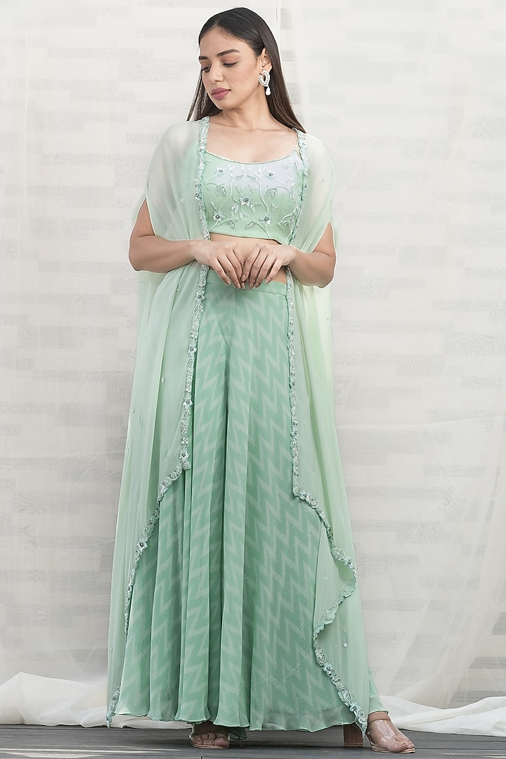 Pastel Green Embroidered Cape Set by Varsana Boutique