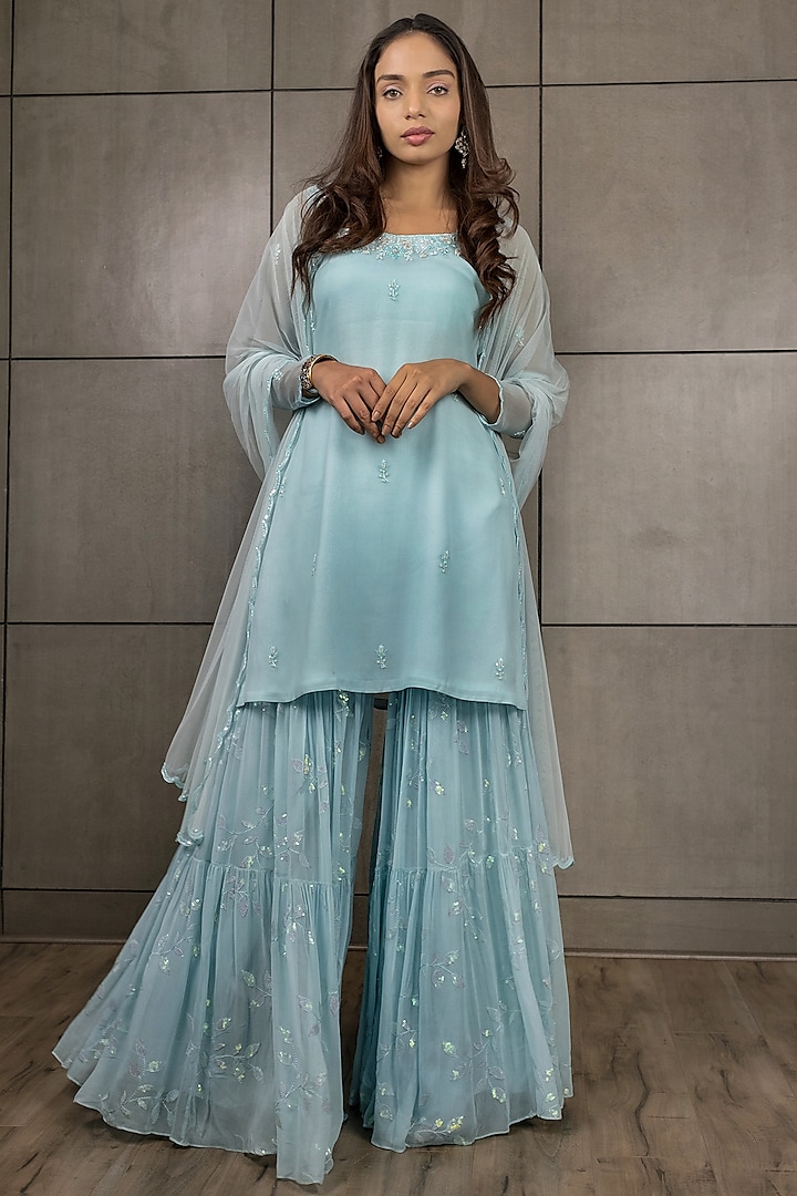 Sky Blue Embroidered Sharara Set by Varsana Boutique