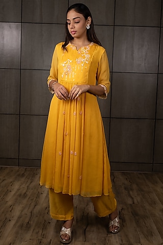 Yellow Embroidered Kurta Set by Varsana Boutique