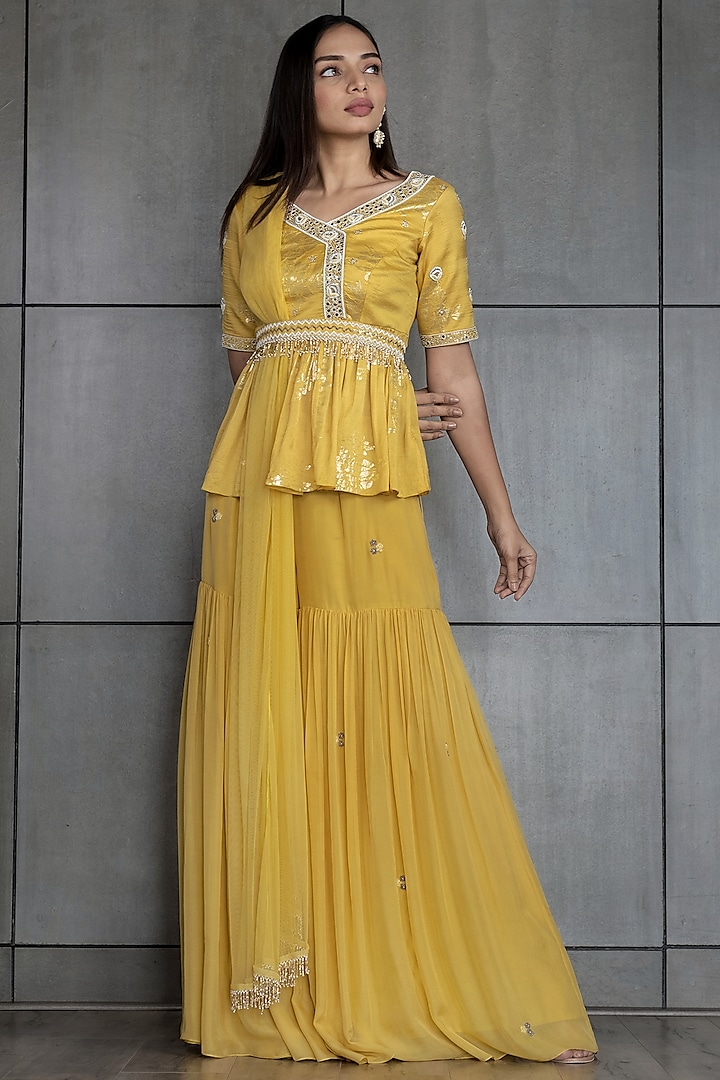 Yellow Embroidered Sharara Set by Varsana Boutique