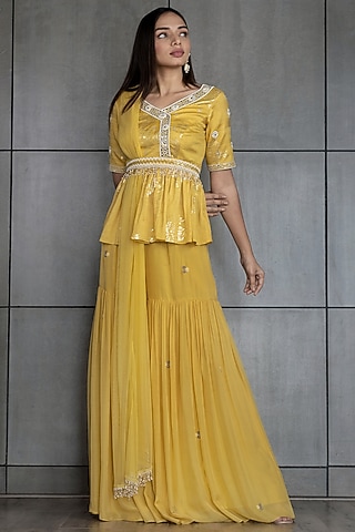 Yellow Embroidered Sharara Set by Varsana Boutique